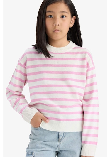 Defacto Kız Çocuk Standart Fit Bisiklet Yaka Çizgili Kazak C6903a825aupn444 Pembe