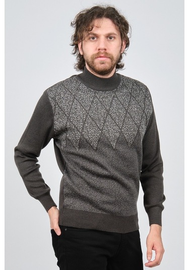 Ateş Triko Erkek Yarım Balıkçı Yaka Desenli Kazak 6091804 Füme Füme