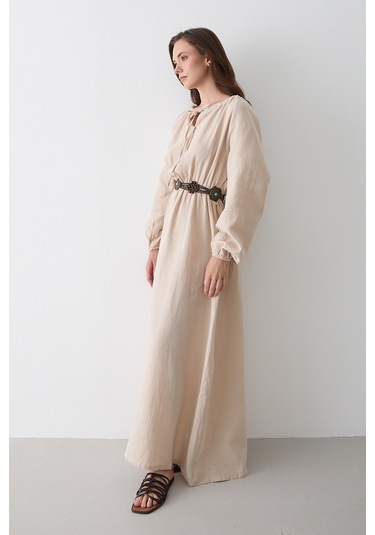Natural Bağlama Detaylı Müslin Elbise - 2004 Natural