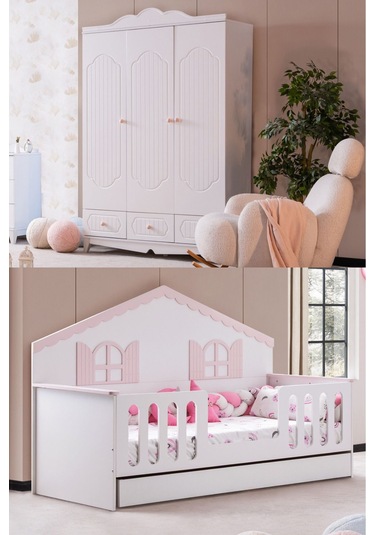 Poli Çocuk Odası Takımı, Poli Yavrulu Karyola, Flower 3 Kapaklı Dolap - Pembe Renkli