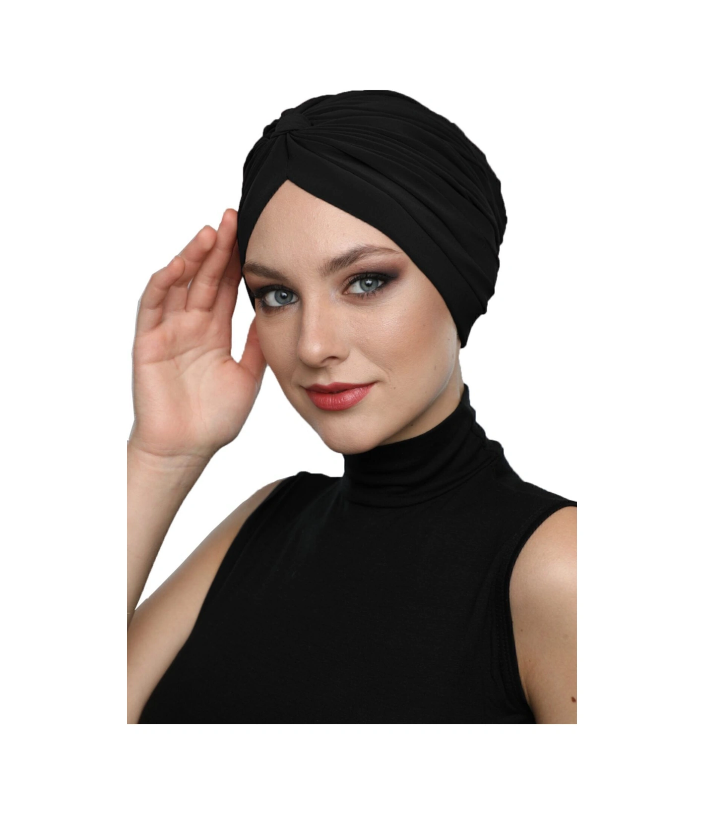 Çapraz Bantlı Siyah Hazır Türban Tesettür Havuz Bonesi Siyah