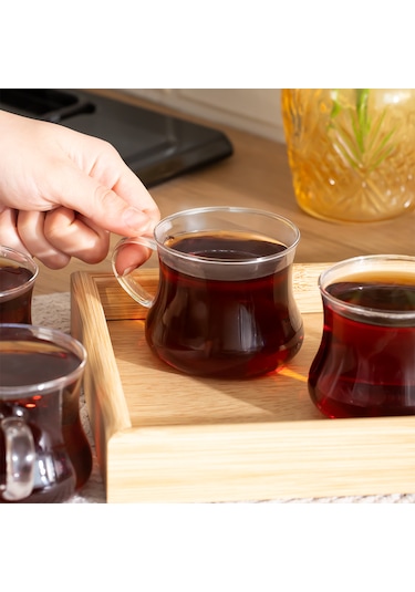 Porsima Pbt-706 Borosilikat Isıya Ateşe Dayanıklı Cam Kulplu 4 Lü Çay Bardağı Kahve Bardak Seti Kupa Şeffaf 250ml Şeffaf