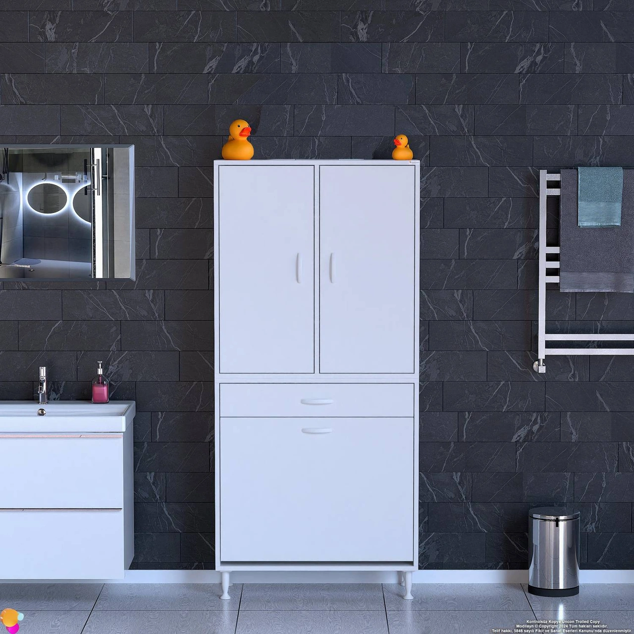 Yeni Kayra Tek Çekmece, 2 Göz Sepet, 2 Kapak, 6 Raf Dar Alan Banyo Dolabı 75x173x32,5 Cm Beyaz