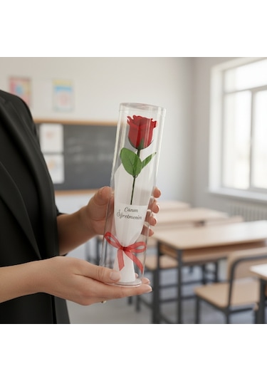 Şeffaf Silindir Kutulu Gül - Öğretmenler Günü Hediyesi