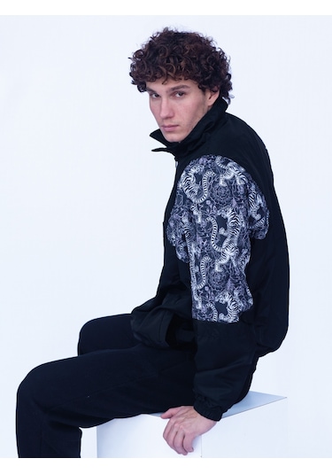 Erkek Kadın Siyah Beyaz Kaplan Desenli Bomber Ceket Siyah