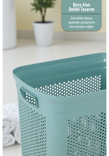 İronika Slim İki Bölmeli Kapaklı Dekoratif Kirli Çamaşır Sepeti 90 Litre Yeşil - Beyaz Yeşil