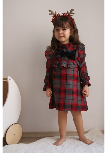 Kids Kırmızı Ekose Elbise Kırmızı
