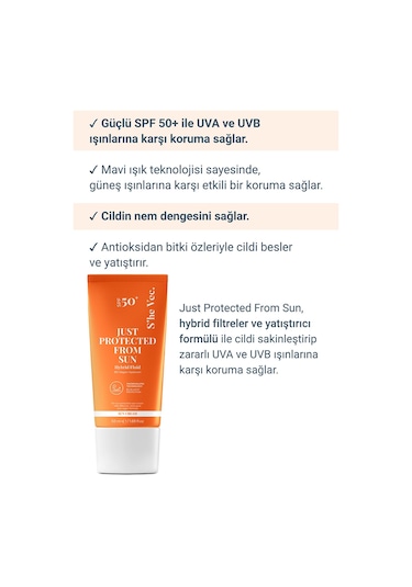 She Vec Just Protected From Sun Aydınlatıcı ve Leke Karşıtı Güneş Koruyucu Krem SPF50+ 50 ML