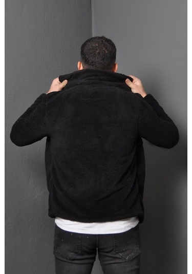 Unisex Siyah Düğme Detaylı Cepli Peluş Ceket Siyah