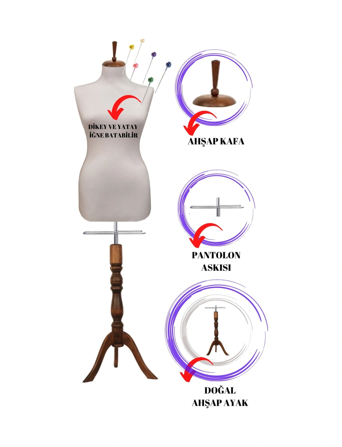 Sünger Iğne Batabilen 40 Beden Beyaz Kumaşlı Ahşap Ayaklı Terzi Mankeni Prova Mankeni Po-01 0009