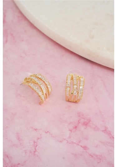 Kadın Vip Seri Baget Zirkon Taşlı 925 Ayar Gümüş Klipsli Küpe Seti - Altın