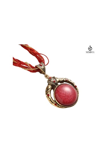 El Dokuması Bohem Pirinç Boncuklu Retro Etnik Tarzda Yuvarlak Değerli Taş Kolye Kırmızı