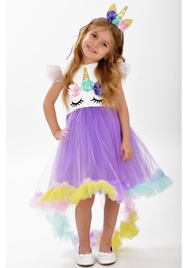 Unicorn Leylak Kuyruk Detaylı Gökkuşağı Taçlı Kız Çocuk Parti Elb