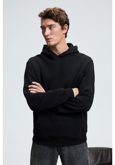 AMOS Erkek Yumuşak Kumaşlı 3 İplik Oversize Kapüşonlu Kanguru Cepli Siyah Sweatshirt