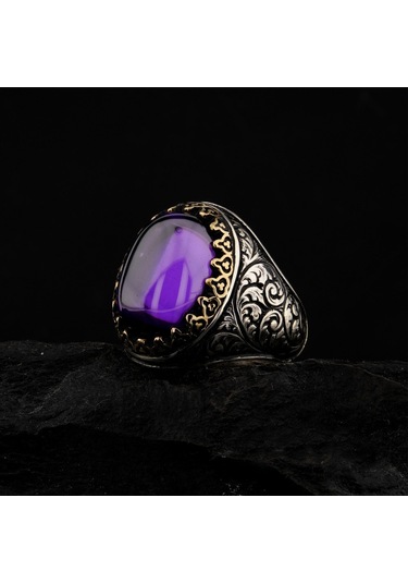 925 Ayar Gümüş Sarmaşık Desenli Ametist Taşlı Erkek Yüzük Çok Renkli