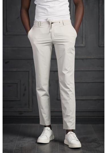 Beli Lastikli Ve İplikli Likralı Yazlık İnce Paraşüt Kumaş Jogger Pantolon Krem