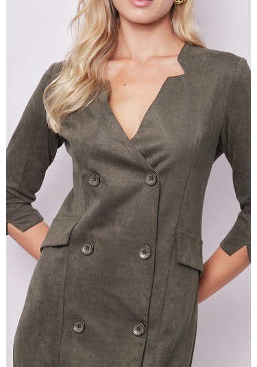 Kadın Kadife Likralı Yumuşak Dokulu Kruvaze Kapri Truvakar Kol Kolu Yırtmaçlı Ofis Ceket Elbise-haki Haki