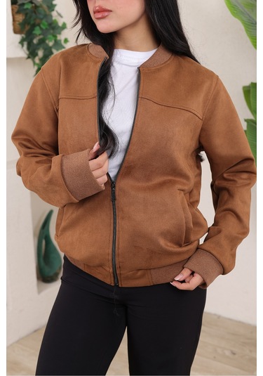 Bomber Kolej Su Geçirmez Ceket Kahverengi Süet