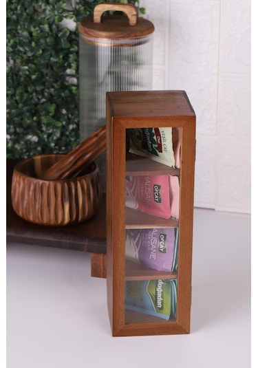 Atby Akasya Ahşap Kapaklı 5 Bölmeli Çay Kutusu 26,5x9x9 Cm Şeffaf Kapaklı Çay Ve Kahve Düzenleyici Kutu Ahşap