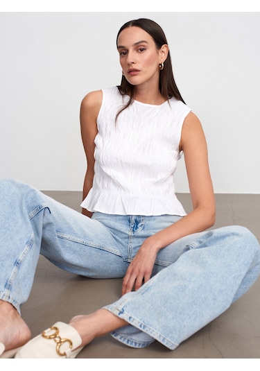 Dilvin 50845 Gipeli Crop Bluz-beyaz
