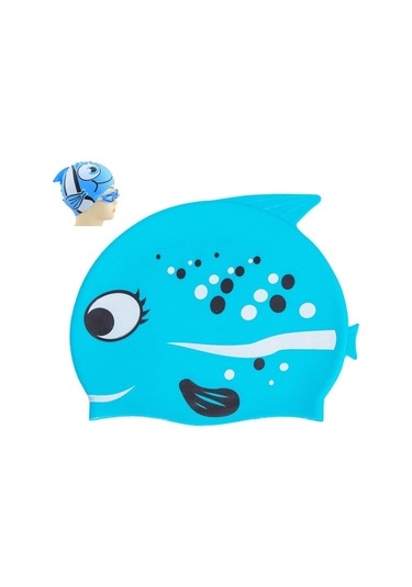 Kulak Koruma Küçük Balık Desenli Dalış Şapkası Çocuk Silikon Yüzme Şapkası K Mavi