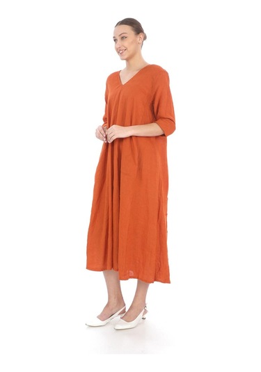 İtalyan V Yaka Uzun Kol Keten Elbise-8907 Kiremit