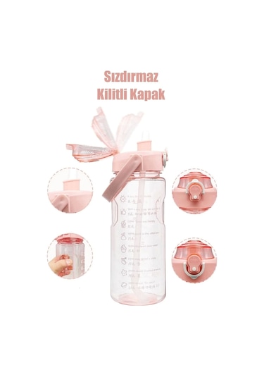 3'lü Şeffaf Motivasyonel Su Matarası Su Şişesi Taşınabilir Matara Stickerlı Suluk Seti Çok Renkli