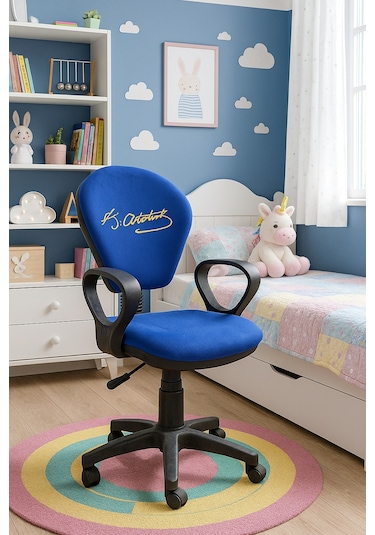 Atatürk Fb Taraftar Temalı Çocuk Çalışma Koltuğu Sarı Lacivert Tekerlekli Döner Ofis Ders Sandalyesi Lacivert