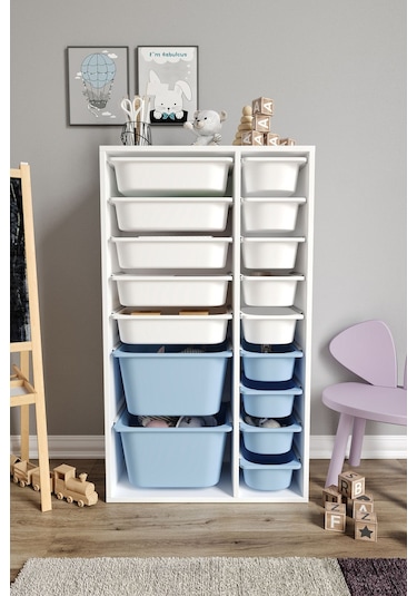 %100 Mdf - Xl Duo 16 Sepetli Oyuncak Dolabı Mavi