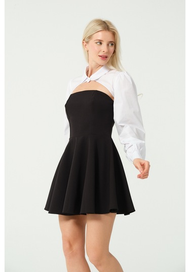 Kolluk Detay Mini Kloş Elbise Siyah Beyaz