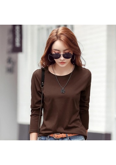 Kahve İlkbahar Ve Sonbahar Kadın Bluz Pamuk Gevşek Düz Renk Yuvarlak Yaka Uzun Kollu Üst Kahverengi