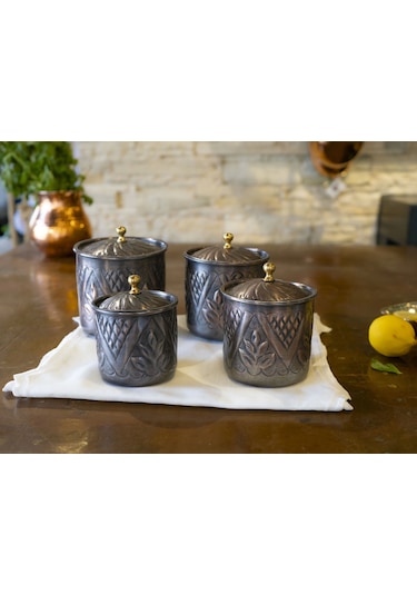 Bakır Baharat Takımı Desen Kakmalı Model Oksit Renk 4'lü Oksit Bakır