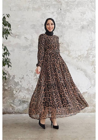 Neşeli Butik Kadın Leopar Desenli İthal Kumaş Tesettür Şifon Elbise Sms028 Siyah