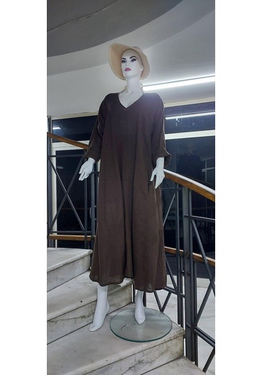 İtalyan V Yaka Uzun Kol Keten Elbise-8907 Koyu Kahve
