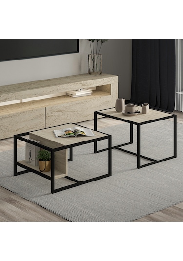 Batı 2 Li Modern Orta Sehpa Takımı Metal Ayaklı, Alt Raflı Traverten