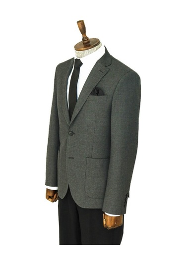 Kendinden Desenli Slim Fit Sivri Yaka Gri Erkek Ceket 001