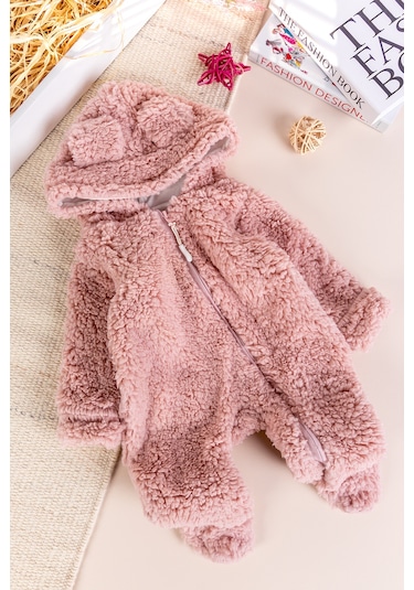 Kapüşonlu Welsoft Peluş Kışlık Kız/erkek Bebek Tulum Gülkurusu