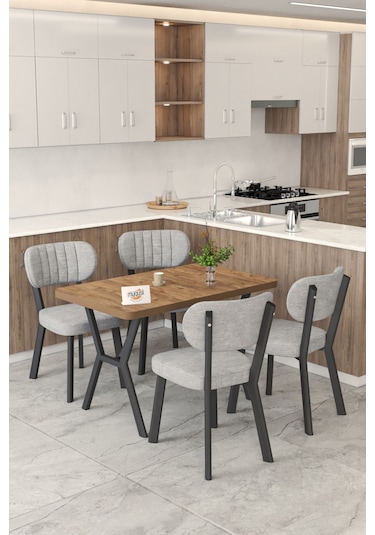 Gnr 70x110cm Sabit Atlantik Mutfak Masası Takımı, Yemek Masası, 4 Modern Gri Sandalye Gri