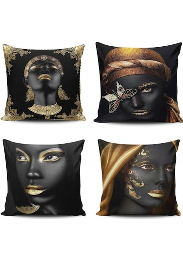 Kırlent Dünyası Afrikalı Kızlar Modern 4 Lü Kombin Kırlent Kılıfı