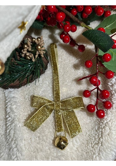 Yılbaşı Simli Altın Gold Kadife Kurdeleli Zilli Zincir Lüks Noel Çam Ağacı Süsü 5 Adet