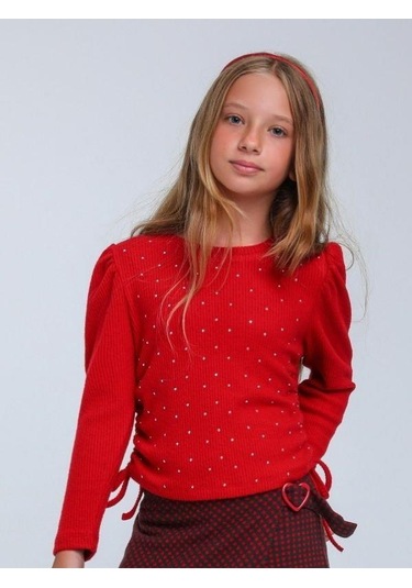 Kız Çocuk Fitilli Taş İşleme Detaylı Bluz-14340 Kırmızı