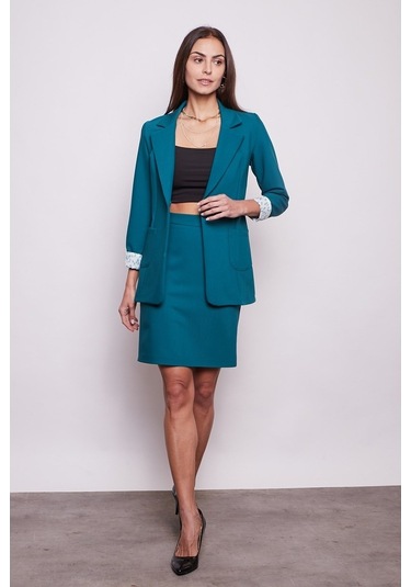 Yüksek Bel Diz Üstü Likralı Pamuklu Şık Kumaş Kalem Etek-Petrol