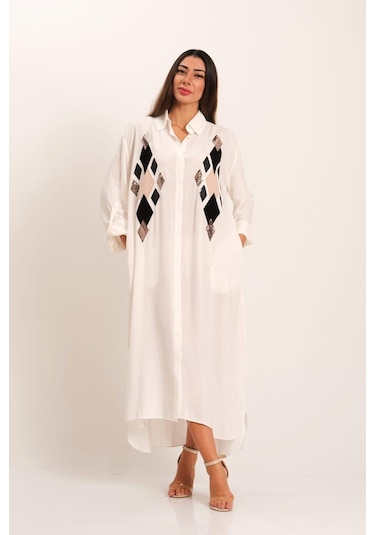 Kadın Beyaz Önü Pul Payet Aplike Nakışlı Kolu Apoletli Uzun Gömlek Elbise-beyaz Beyaz