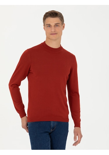 Cacharel Kiremit Slim Fit Çeyrek Balıkçı Yaka Triko Kazak Kırmızı