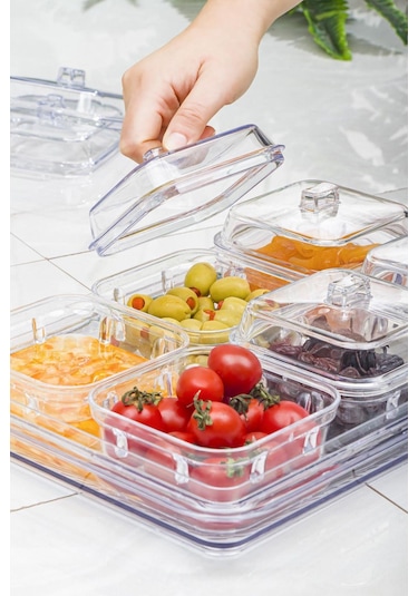 Akrilik Şeffaf 6 Lı Kapaklı Kahvaltılık Kahvaltı Seti & Saklama Kabı Cam Değildir Şeffaf