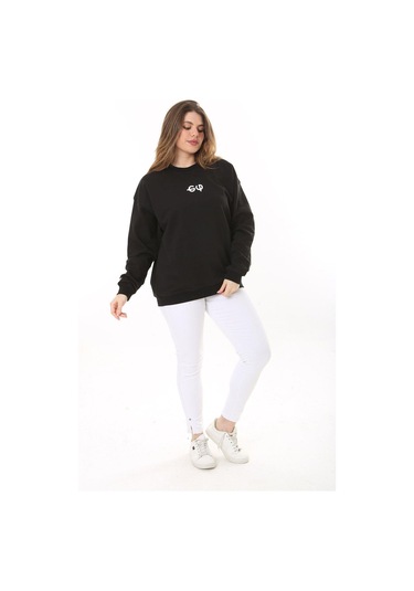 Kadın Büyük Beden Siyah Pamuk Kumaş Arka Baskılı Sweatshirt 65n37618-siyah Siyah