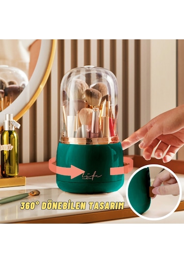 Masaüstü Makyaj Fırçası Ve Kozmetik Düzenleme Kutusu Organizer Bölmeli Dönebilen Yeşil