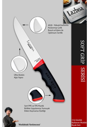 Lazbisa Mtf-052 Soft Grip Mutfak Bıçak Seti Et Ekmek Sebze Bıçağı 3 Lü Set Günlük Kullanım Kırmızı - Siyah