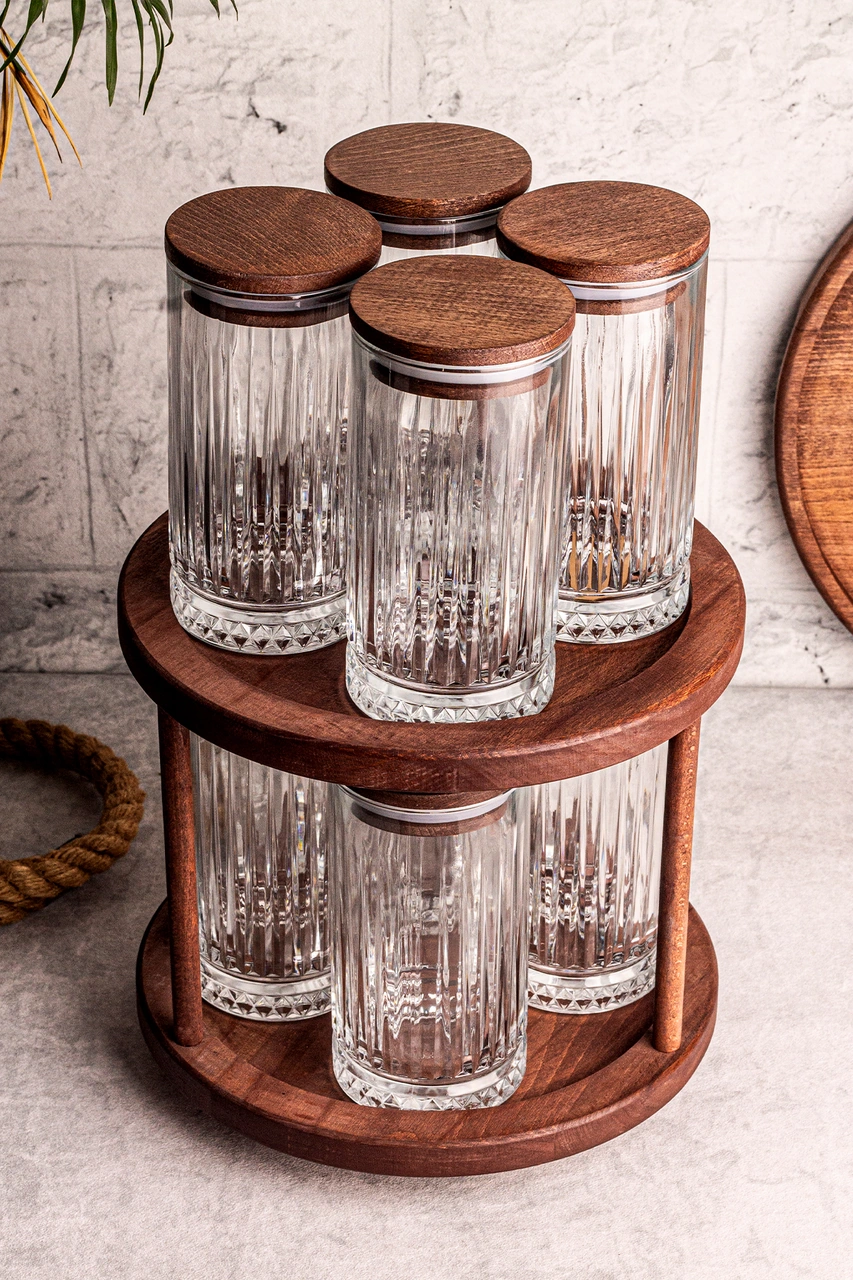Tomira - 9 Parça Ahşap Döner Standlı Vakumlu Kapaklı Cam Saklama Kabı Baharatlık Seti 450 Ml Ahşap