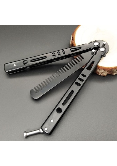 Buffer Siyah Katlanabilir Paslanmaz Çelik Kelebek Bıçak Tarak Sakal Bıyık Fırçası Profesyonel Saç Kesimi İçin Tarak